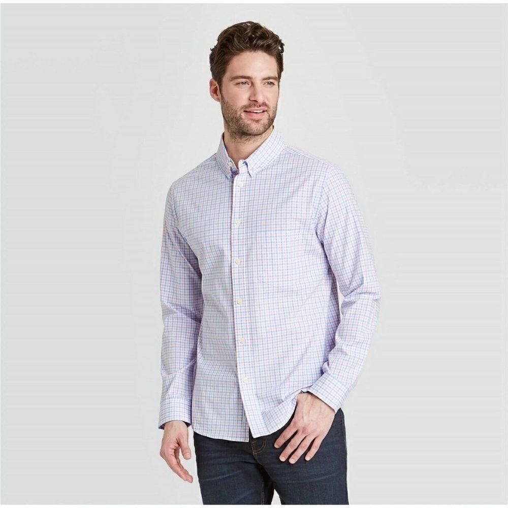 Men's Goodfellow - XXL‎ - Slim Fit Stretch Button-Down Shirt Pink/Blue L/Sleeves